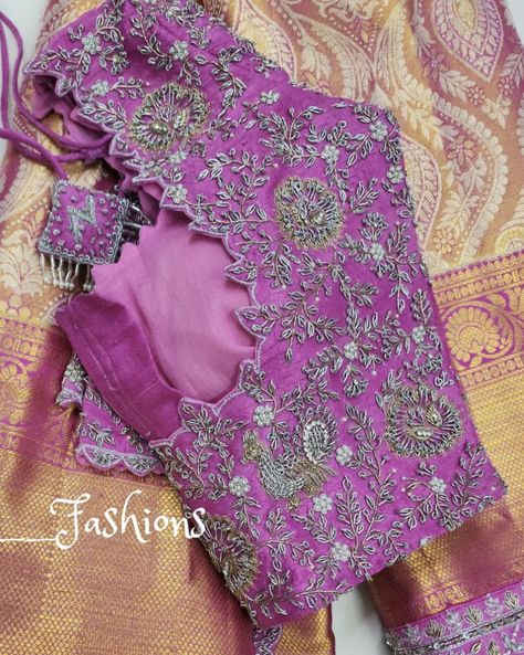 Buthanese Art, Lavender Saree Bride, Unique Maggam Work Designs, Lavender Colour Pattu Saree, Lavender Colour Blouse Designs, Silver Work Blouse Designs For Pattu Sarees, Latest Maggam Work Blouses 2023, Purple Blouse Designs For Saree, Raw Silk Blouse Designs