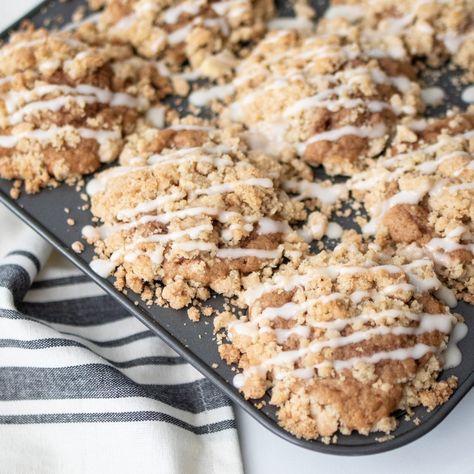 Maple Glaze Coffee Cake Muffins This moist coffee cake muffin is loaded with a mouth watering streusel and finished with a maple cream drizzle. A family favorite, and after baking, you’ll quickly understand why!  In under an hour you can have gourmet muffins on the table! They are incredibly moist even next day, and there is amazing contract from the bottom up with a tender not overly sweet base, a sweet crumbly topping, and a salted maple glaze.  A few tips: – To limit the drip mess, my ... Moist Coffee Cake, Maple Muffins, Coffee Cake Muffins, Cake Muffins, Measuring Ingredients, Maple Cream, Maple Glaze, Breakfast Options, Baking Sweets