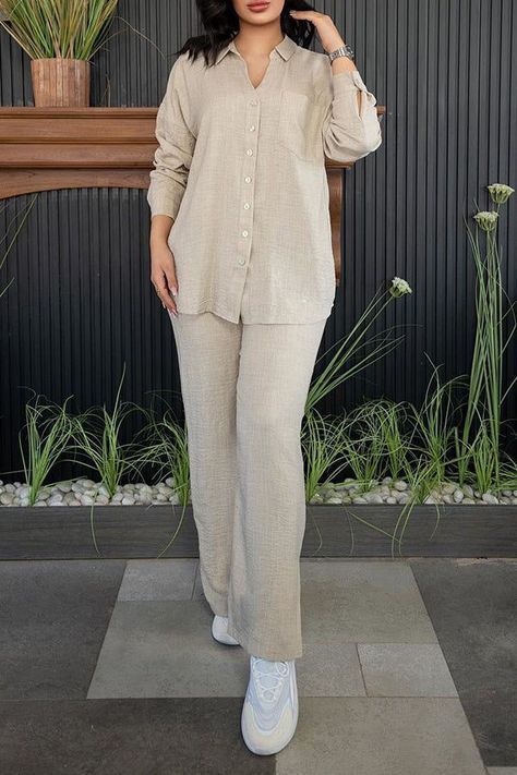 Shirt Cord Set Women, Straight Dresses For Women, Cord Sets Outfit Women, V Neck Shirt Outfit, 2 Piece Outfit Set Pants, Simple Vibes, Co Ords Outfits, Ruched Pants, Sets Outfit