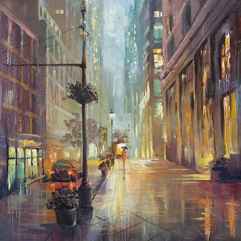 Artwork. “ NYC’s rainy streets “ Rainy Streets, Rainy Street, Cityscape Painting, Room Inspiration Bedroom, Dad Birthday, Art Lovers, Painting Oil, Cool Artwork, Art Classes