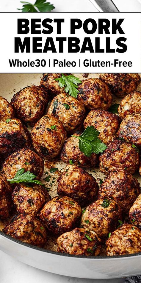 Pork meatballs Paleo Ground Pork Recipes, Pork Meatballs Recipe, Ground Pork Meatballs, Meatball Dishes, Paleo Pork, Ground Pork Recipes, Healthy Pork, Pork Recipes For Dinner, Winter Soup Recipe