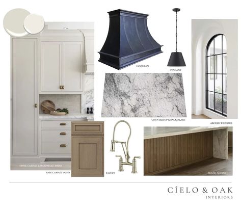 With sleek upper cabinets and a custom bold black hood fan, this kitchen concept is the epitome of transitional elegance. The arched windows beside the hood fan add a touch of charm, while the marble countertops exude luxury. And let's not forget the warm wood island and base cabinets, bringing natural warmth to the heart of the home. Who else is feeling inspired to entertain and cook up a storm here? . Design. @cielo.and.oak #KitchenGoals #interiordesigninspo #kitchendesign #kitchen #kitch... Black Kitchen Hood, Black Wood Range Hood Cover, White Cabinets With Black Island And Wooden Hood Vent, Black Island And Hood, Quartz Wrapped Hood, Kitchen Island Range Hood Plaster, Modern Hood, Hood Fan, Wood Island