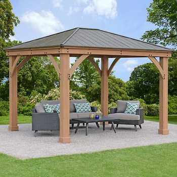 Yardistry 12' x 10' Gazebo with Aluminum Roof | Costco Cedar Stain, Coffee Brown Color, Gazebo Roof, Gazebo Ideas, Cedar Lumber, Wooden Gazebo, Pergola Ideas, Aluminum Roof, Rain Gutters