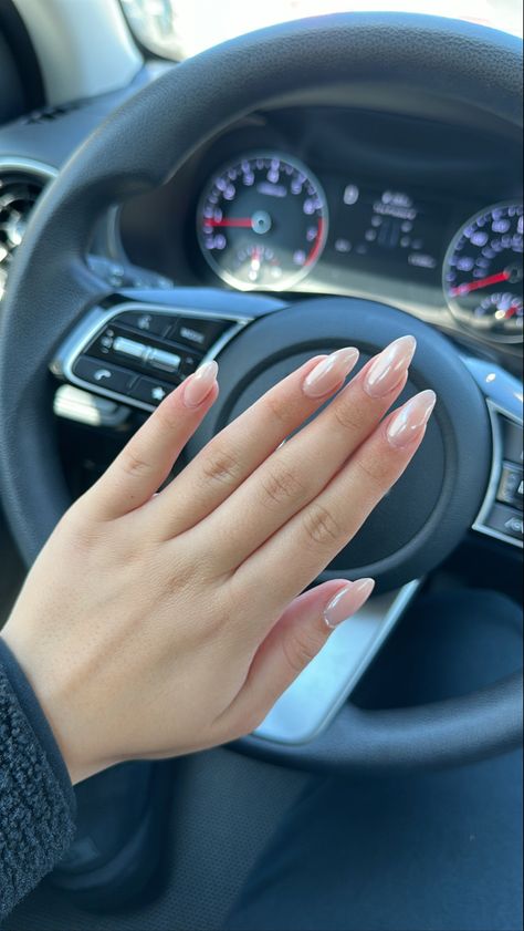 Almond Glossy Nails, Ombre Nails Glazed, Creamy Almond Nails, Glazed Oval Nails, Bridal Glazed Donut Nails, Vanilla Glaze Nails, Nails Almond Glazed, Natural Chrome Almond Nails, Almond Glazed Nails