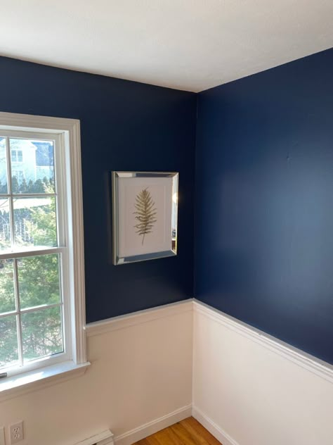 Sherwin Williams Naval and Benjamin Moore Alabaster Blue Wainscoting Office, Navy And White Walls, Navy Walls White Wainscotting, Half Blue Half White Wall, Navy Blue Wall Paint, Blue Wall With White Wainscoting, Blue Wall White Wainscotting, Navy Blue Wainscoting, Navy Bathroom White Wainscotting