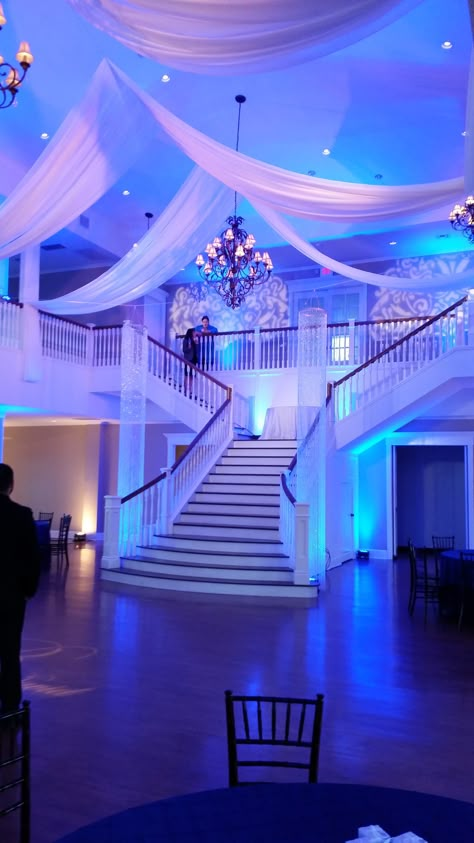 Birthday Hall, Sweet Sixteen Venues, Sweet 16 Venues, Quinceanera Venue, Royal Blue Quince, Sweet Sixteen Party Themes, Led Lights Wedding, Royal Blue Wedding Theme, Blue Quince