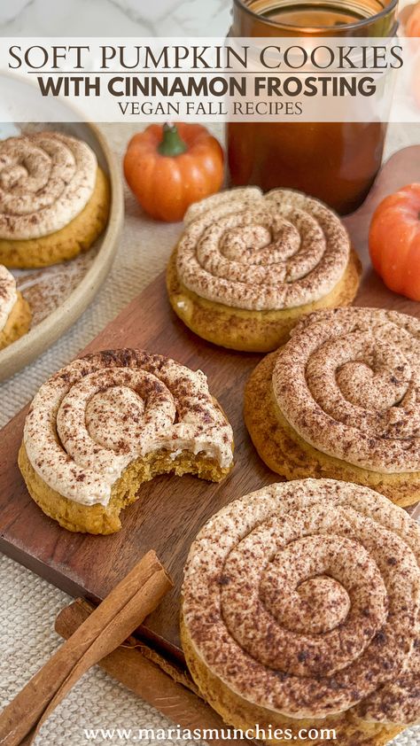 Soft Pumpkin Cookies with Cinnamon Frosting VEGAN FALL RECIPES Fall Cinnamon Cookies, Pumpkin Cookies With Cinnamon Frosting, Frosted Fall Cookies, Carmel Pumpkin Cookies Crumbl, Pumpkin Cookies With Frosting, Fall Crumble Cookie Copycat Recipe, Crumble Pumpkin Cookies, Crumble Cookies Recipes, Pumpkin Cookies Recipe