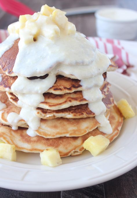 This Pineapple Coconut Pancake Recipe is light & fluffy, with sweet, tart & tropical flavors, perfect when topped with Pineapple Coconut Cream Cheese Syrup! Cream Cheese Syrup, Caramelized Plantains, Pineapple Pancakes, Plantain Pancakes, Coconut Pancakes, Coconut Syrup, Oatmeal Pancakes, Pineapple Coconut, Coconut Recipes