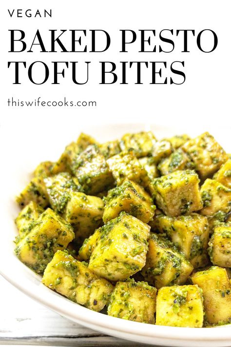 Baked Pesto Tofu - Basil pesto is tossed with tofu that has been seasoned and roasted with simple spices for a savory dish that is practically effortless! #quickandeasyvegan #bakedtofu #pestotofu #thiswifecooksrecipes #easyplantbasedrecipes #highproteinvegan #easyveganrecipes via @thiswifecooks Pesto Tofu, Tofu Bites, Air Fryer Recipes Healthy, Basil Pesto, Tofu Recipes, Vegan Eating, Vegan Dishes, Shrimp Recipes, Savoury Dishes