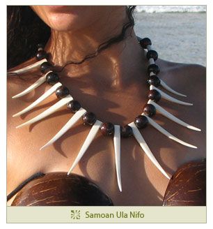 Black Pearl Designs | Samoan Ula Nifo Necklace Samoan Clothing, Samoan Tattoos, Coconut Bra, Tahitian Costumes, Polynesian Dance, Tahitian Dance, Scented Flowers, Hula Skirt, Polynesian Islands