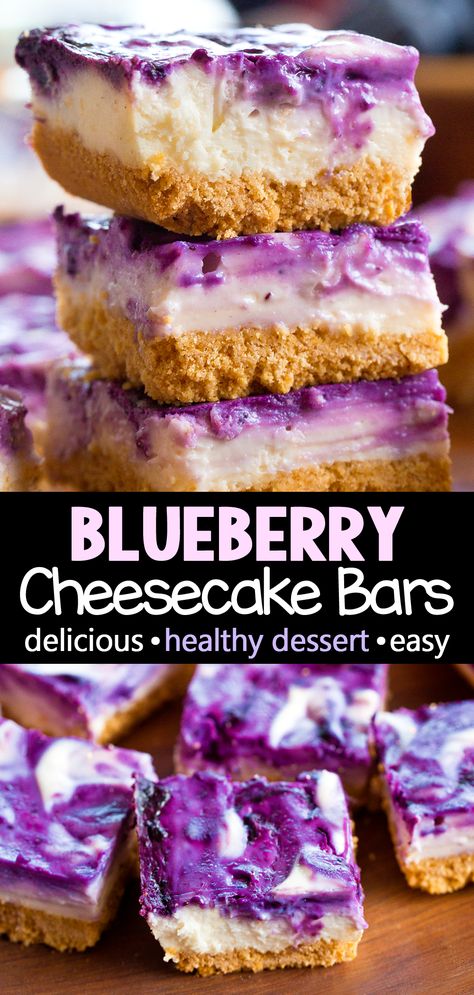 Easy Dessert Blueberry Cheesecake Bar Recipe Thermos Recipes, Dessert Blueberry, Baked Bars, Desserts Cheesecake, Cheesecake Bar, Blueberry Cheesecake Bars, Baked Recipe, Easy Bar Recipes, Chocolate Covered Katie