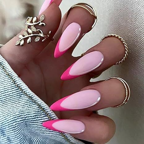 BABALAL Pink Press on Nails Long Fake Nails Almond French Tip Glue on Nails Matte Stiletto Acrylic Nails 24Pcs False Nails Purple Contacts, Sharp Nails, Long Stiletto, Nails Matte, Nail Type, Nails Almond, Glam Nails, Nails Pink, Nail Length