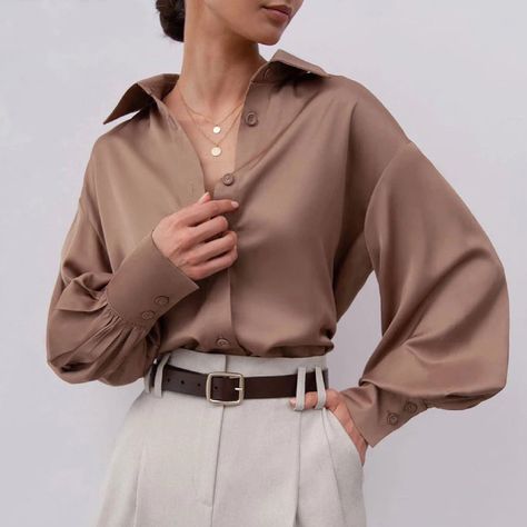 Fashion Blouses, Brown Shirt, Traje Casual, Oversized Blouse, Satin Shirt, Elegant Shirt, Casual Blouse, Lantern Sleeves, Blouse Styles