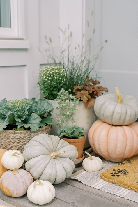 Decorating Steps with Pumpkins - Finding Lovely Small Porch Pumpkin Display, Fall Pumpkin Front Porch Decor, Front Porch Pumpkins Display Simple, White Pumpkin Decor Front Porches, Asymmetrical Porch Decor, Heirloom Pumpkins Porch, Pumpkins On Steps, Fall Porch Steps Decor, Front Door Pumpkin Decor