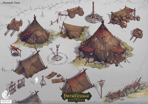 Patchfinder: Kingmaker - Barbarian Camp., Roman Kurbanov on ArtStation at https://www.artstation.com/artwork/Bxxez Props Concept, Camping Tents, Camp Ideas, Game Concept Art, Fantasy Map, Fantasy Concept Art, Camping Art, Prop Design, Arte Fantasy