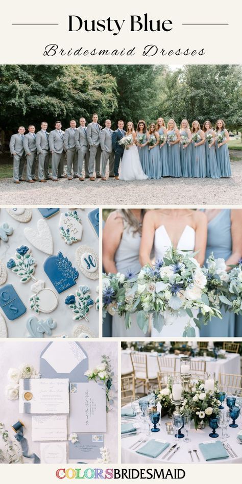 Grey Groomsmen Suits, Blue Wedding Napkins, Grey Groomsmen, Greenery Bouquets, Wedding Color Schemes Blue, Blue Groomsmen, Dusty Blue Bridesmaid, Light Blue Bridesmaid, Blue Winter Wedding