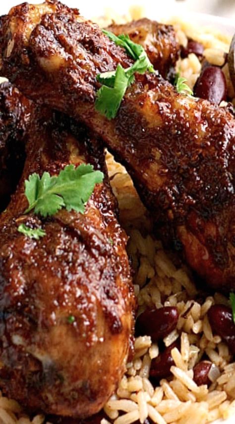 Carribean Rice And Beans, Jerk Chicken Drumsticks, Baked Jerk Chicken, Caribbean Rice, Jerk Chicken Recipe, Jamaican Jerk Chicken, Carribean Food, Jamaican Cuisine, Jamaican Dishes