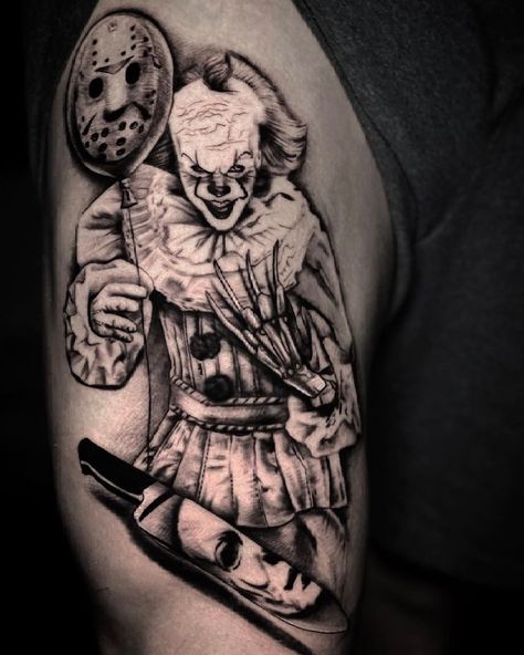 Horror Side Tattoo, Slasher Tattoo Sleeve, Pennywise Tattoo Ideas, It The Clown Tattoo, Pennywise Tattoos, Penny Wise Tattoo, Horror Film Tattoo, Pennywise Tattoo Design, Art The Clown Tattoo