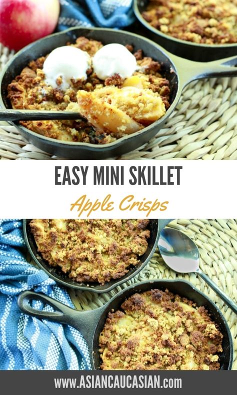 These easy Mini Skillet Apple Crisps are by far the best I've ever tasted. These crisps are warm and cozy thanks to the baked apples, brown sugar crumble topping, and vanilla ice cream scoops. Made with fresh apples and simple pantry ingredients - it's the perfect fall treat! #apples #applecrisp #fall #skilletdessert Individual Skillet Desserts, Mini Cast Iron Apple Crisp, Mini Skillet Desserts, Mini Skillet Recipes, Mini Cast Iron Skillet Recipes, Mini Skillet Cookie, Brown Sugar Crumble Topping, Skillet Dessert, Pizookie Recipe