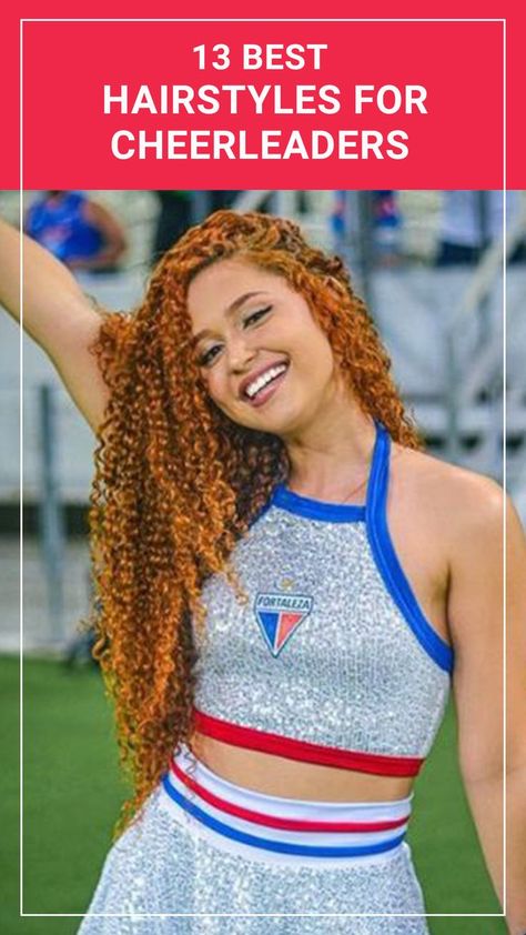 Unique Cheer Hairstyles, Cheerleader Hair Styles, Cheerleading Hair Styles, Cheer Hairstyles For Short Hair, Cheer Hairstyles Curly Hair, Hair Styles For Cheer, Hairstyles For Cheerleaders, Cheer Hairstyles For Games, Cheerleader Hairstyles