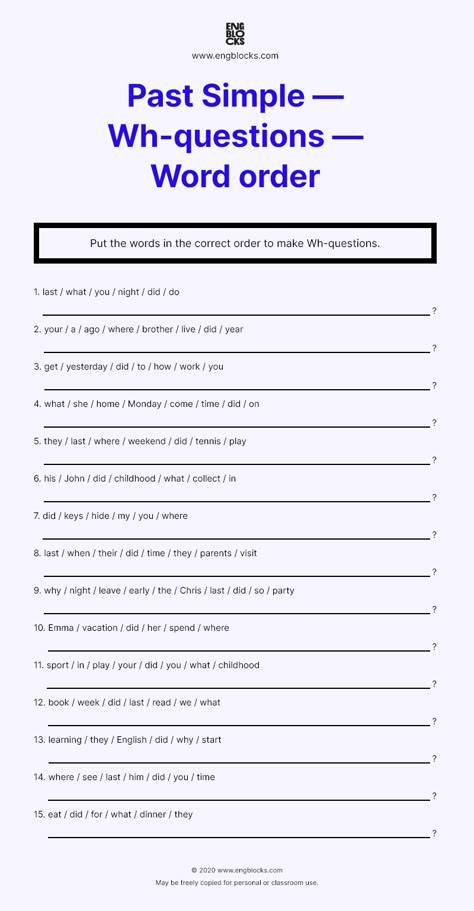 Make Questions Worksheets, Question Sentences Worksheets, How To Make Questions In English, Making Questions Worksheet, Word Order Worksheets, Where Questions Worksheet, Past Simple Worksheets, Past Simple Questions Worksheets, Question Words Worksheet