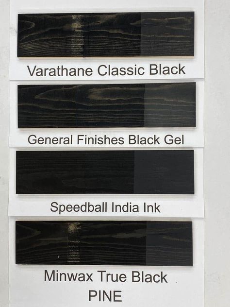 Looking for the perfect true black wood stain color? I sampled four black wood stain colors on five different wood species to compare results and take the guesswork out of your search! Black Wood Stain Accent Wall, Black Stain Countertops, Black Stain Shiplap Wall, Black Stained Shiplap, Black Wood Stain Door, Black Stain Wood Cabinets, How To Stain Wood Black, Charcoal Stained Wood, Black Wood Stain Outdoor