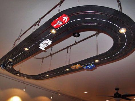 Racetrack overhead light Man Cave Accessories, Car Man Cave, Ultimate Man Cave, Car Furniture, Cars Room, Car Bedroom, Man Cave Home Bar, Kids Bedroom Designs, Kids Bedroom Design