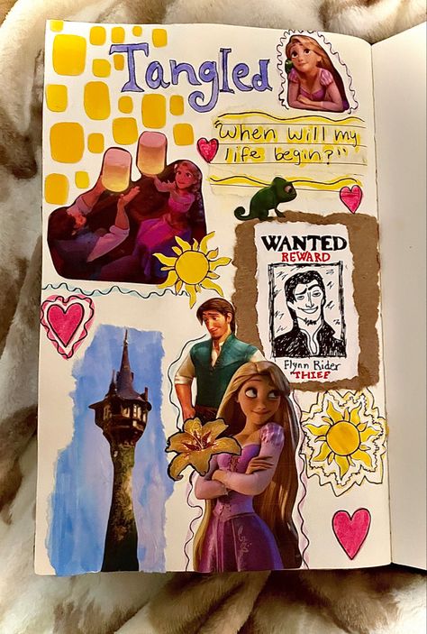 Disney Diary Journal Ideas, Journal Cover Inspo Aesthetic, Tangled Journal, Journal Inspiration Writing, Bulletin Journal Ideas, Pretty Journals, Diy Journal Books, Art Journal Therapy, Bullet Journal Diy