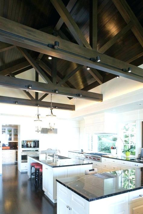 Beam Ceiling Lighting, Barn Beam Lighting, Ceiling Lighting Ideas, Farmhouse Kitchen Light Fixtures, Vaulted Ceiling Ideas, Vaulted Ceiling Lighting, Exposed Beams Ceiling, Home Wall Colour, Beam Ceiling