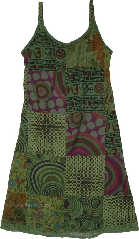 A pretty deep green patchwork Indian cotton summer dress, with its sleeveless style and knee-length straight fit, it is sure to keep you cool any summer evening! The patchwork is artsy and unique, such as the Om motif, the Indian flowers, and text.  Adjustable spaghetti straps on the shoulders and a smocked elastic on the back give this dress flexibility and make it a one-size-fits-most style of clothing. #tlb #Sleeveless #Patchwork #vacationclothing #beachwrap #Floral #bohemianfashion #Indian # Fitted Knee Length Dress, Green Cotton Dress, Green Summer Dresses, Sleeveless Cotton Dress, Cotton Summer Dress, Indian Flowers, Estilo Hippie, Hippie Look, Trendy Skirts