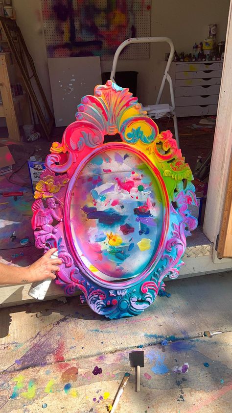 Ann Upton Art on Instagram: “Really, really, really, ridiculously good looking Angel & Rainbow frame 😏 ✨ Derek Zoolander approved really, really, really, ridiculously…” Funky Room Decor Vintage, Funky Picture Frame, Rainbow Mirror Frame, Maximalist Bedroom Decor, Rainbow Bedroom Decor, Painted Mirror Frame, Mirror Upcycle, Upcycled Mirror, Rainbow Furniture