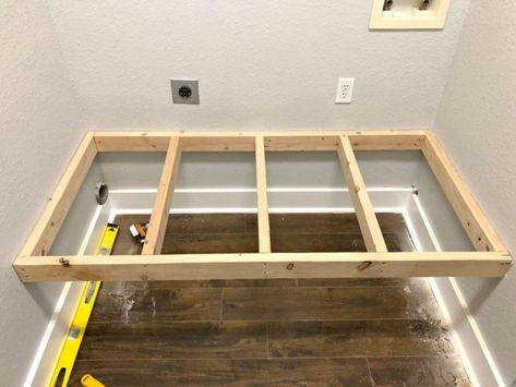 Laundry Room Pedestal / Platform - Sawdust 2 Stitches How To Build A Laundry Room Pedestal, Washing Machine Riser Diy, Diy Laundry Platform, Laundry Room Platform Ideas, Built In Laundry Pedestal, Washer Dryer Platform Diy, Build Laundry Pedestal, Laundry Station Diy, Laundry Pedestal Diy Plans