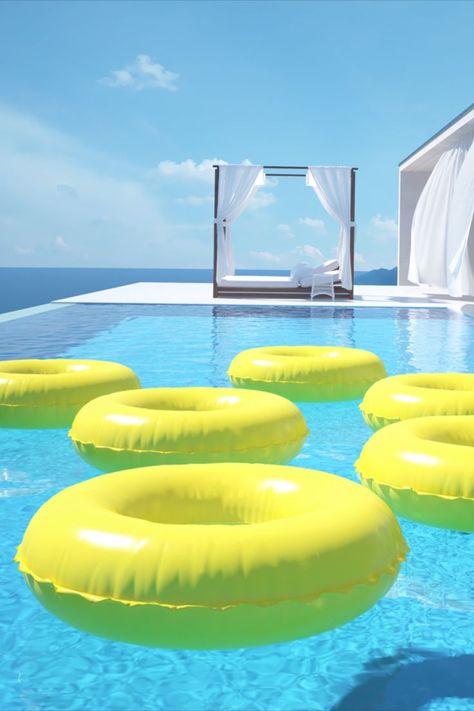 Evening Pool Party, Pool Party Decoration Ideas, Floating Pool Decorations, Swan Pool Float, Cute Pool Floats, Pool Decorations, Donut Pool, Swimming Pool Art, Floating Pool Lights