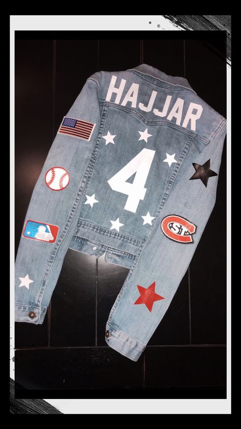 Jean jacket #baseball #wife #girlfriend #custom Jean Jacket Baseball Outfit, Baseball Mom Jean Jacket, Baseball Wife Outfit, Baseball Jean Jacket, Jean Jacket Outfits For Women, Outfit Jeans Jacket, Jean Jacket Outfits Winter, Leather Jacket Outfit Women, Denim Outfit Winter