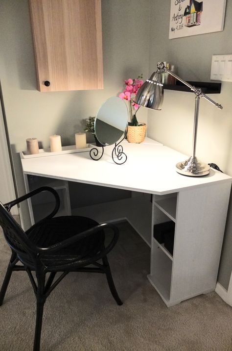 The BORGSJÖ corner desk tucks neatly in a corner, with enough top space and storage to make morning prep easy!