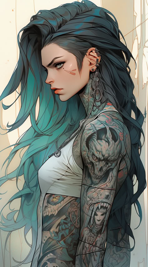 Tattooed Female Character Art, Tattooed Character, Dark Character Design, Cyberpunk Female Character Art, Female Cyberpunk, Tattoo Character, Sakura Tattoo, League Of Legends Poster, Cyberpunk Female