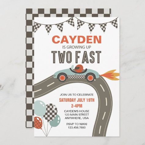 Two Fast Race Car Birthday Invitation Retro Race Car, First Birthday Invitation Cards, 98th Birthday, Race Car Themes, Cars Birthday Invitations, 2nd Birthday Invitations, Race Car Birthday, Car Birthday, 1st Birthday Invitations