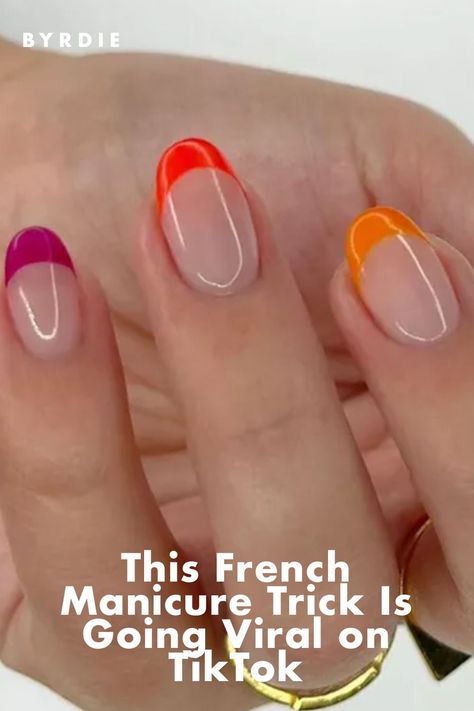 Diy French Tips Short Nails, Painted French Tip Acrylic Nails, Colour Tips Nails French, Nail Tip Colours, Diy Colored French Tip Nails, Diy French Manicure Gel Nails At Home, Nails With Colourful Tips, How To Paint French Tips Nails At Home, French Manicure Hacks Diy