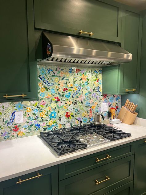 Floral Mosaic Kitchen Backsplash|Designer Glass Mosaics Mosaic Kitchen Backsplash, Kitchen Mosaic, Mosaic Kitchen, Whimsical Kitchen, Mosaic Backsplash Kitchen, Designer Glass, Floral Mosaic, Glass Mosaics, Mosaic Backsplash