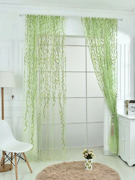 1pc Leaf Pattern Sheer Curtain | SHEIN USA Green Window Treatments, Ideas Armario, Balcony Curtains, Valances For Living Room, Leaf Curtains, Voile Panels, Green Windows, Flower Curtain, Tulle Curtains