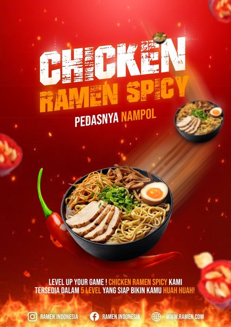 Desain iklan sosial media chicken ramen spicy Ramen Graphic Design, Chicken Poster Design, Social Media Product Design, Ramen Poster, Ramen Spicy, Ramen Design, Chicken Brands, Chicken Poster, Catering Design