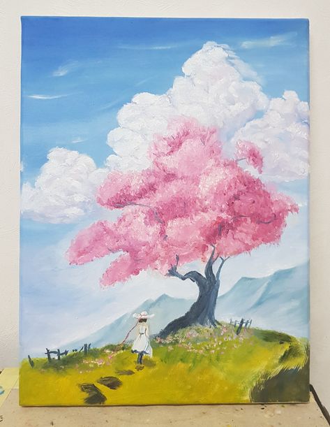 Sakura Tree Painting Acrylics, Sakura Tree Watercolor Painting, Tokyo Painting Easy, Canvas Painting Ideas Green, Sakura Tree Drawing, Spring Season Drawing, Painting Ideas Green, Sakura Tree Painting, Art Deco Website