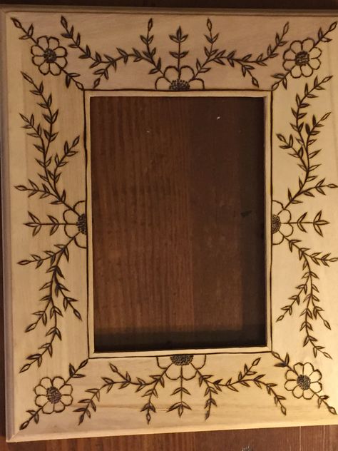 Woodburned picture frame  Original artwork by Rebecca Lipsker Wood Burning Frame Ideas, Pyrography Borders, Wood Burning Picture Frame Ideas, Floral Wood Burning Patterns, Wood Burning Picture Frame, Wood Burn Picture Frame, Pyrography Picture Frame, Wood Burned Picture Frame, Wood Burned Frames