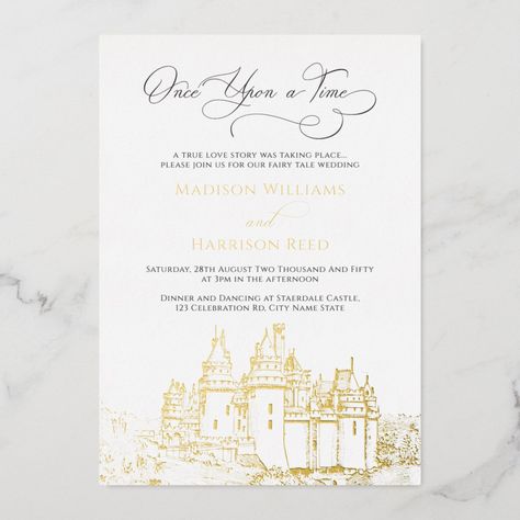 Gold Leaf Invitations, Castle Wedding Invitations, Pressed Wedding Invitations, Yard Games Wedding, Wedding Yard Games, Wedding Invitations Gold Foil, Print Wedding Invitations, Rose Gold Foil Invitations, Once Upon A Time Wedding