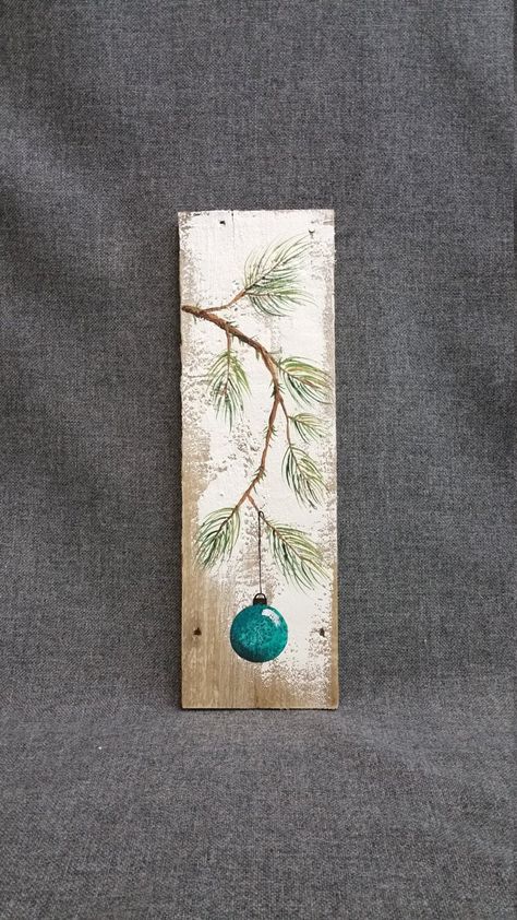 Christmas hand painted Pine branch with Turquiose bulb, Farmhouse Christmas decor - The White Birch Studio Shabby Chic Weihnachten, Shabby Chic Christmas Decorations, Christmas Hand Painted, Chic Christmas Decor, Simple Painting, Shabby Chic Christmas, Hand Painted Decor, Pallet Painting, Pine Branch