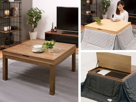 A Japanese heated table, also called a kotatsu, is a storage bin, eating surface, and cozy space all rolled into one. Japanese Heating Table, Modern Kotatsu, Kotatsu Aesthetic, Japanese Kotatsu, Part Storage, Writing Studio, Luxury Furniture Design, Square Table, Tiny Apartment