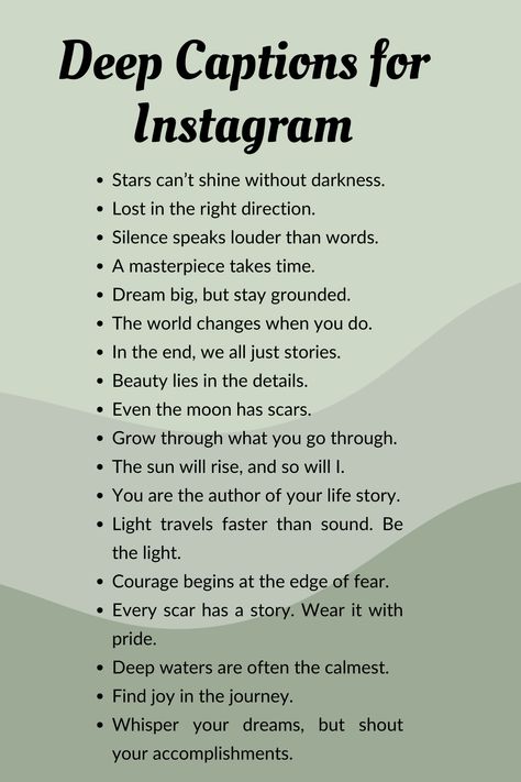 Looking for the perfect words to complement your Instagram posts? Dive into this list of 70+ deep captions for Instagram that are short, meaningful, and impactful. Whether you’re reflecting on life, sharing thoughts, or elevating your selfies, these captions will resonate with your audience. From inspiring quotes to soulful one-liners, find the ideal caption to make your photos unforgettable. Save this for your next post inspiration! Instagram Photo Caption Ideas, Waiting Captions Instagram, Quality Time Caption, Unique Insta Captions, Cute Simple Captions, 3 Word Captions For Instagram, Serious Quotes Instagram, Uplifting Captions, Recap Captions