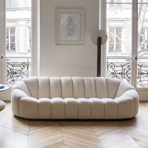 83" Modern Oval Boucle White Upholstered 3-Seater Sofa Latest Sofa Designs, Wool Sofa, White Couches, Set Sofa, White Upholstery, Beautiful Sofas, Sofa Colors, Curved Sofa, Types Of Sofas