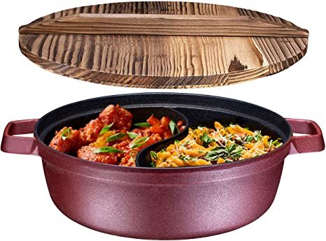 Non-Stick 2-In-1 Cast Iron Shabu Shabu Hot Pot with Wooden Lid – Heavy Duty 3 Quart, Nonstick Interior Coating And Silicone Polyester exterior Best Dutch Oven, Oven Top, Cinnamon Raisin Bread, Shabu Shabu, Cast Iron Pot, Cast Iron Dutch Oven, Cooking Basics, Induction Cooktop, Cast Iron Cookware