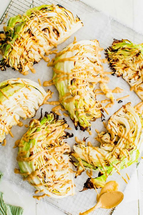 Grilled Cabbage with Tahini-Soy Drizzle - Grilled Cabbage Recipe Idea Tahini Cabbage Steaks, Quinoa And Cabbage Recipes, Tahini Recipe Dinners, Tahini Ideas, Tahini Meals, Cabbage Tahini, Tahini Recipe Ideas, Recipes Using Tahini, Grilled Cabbage Recipes